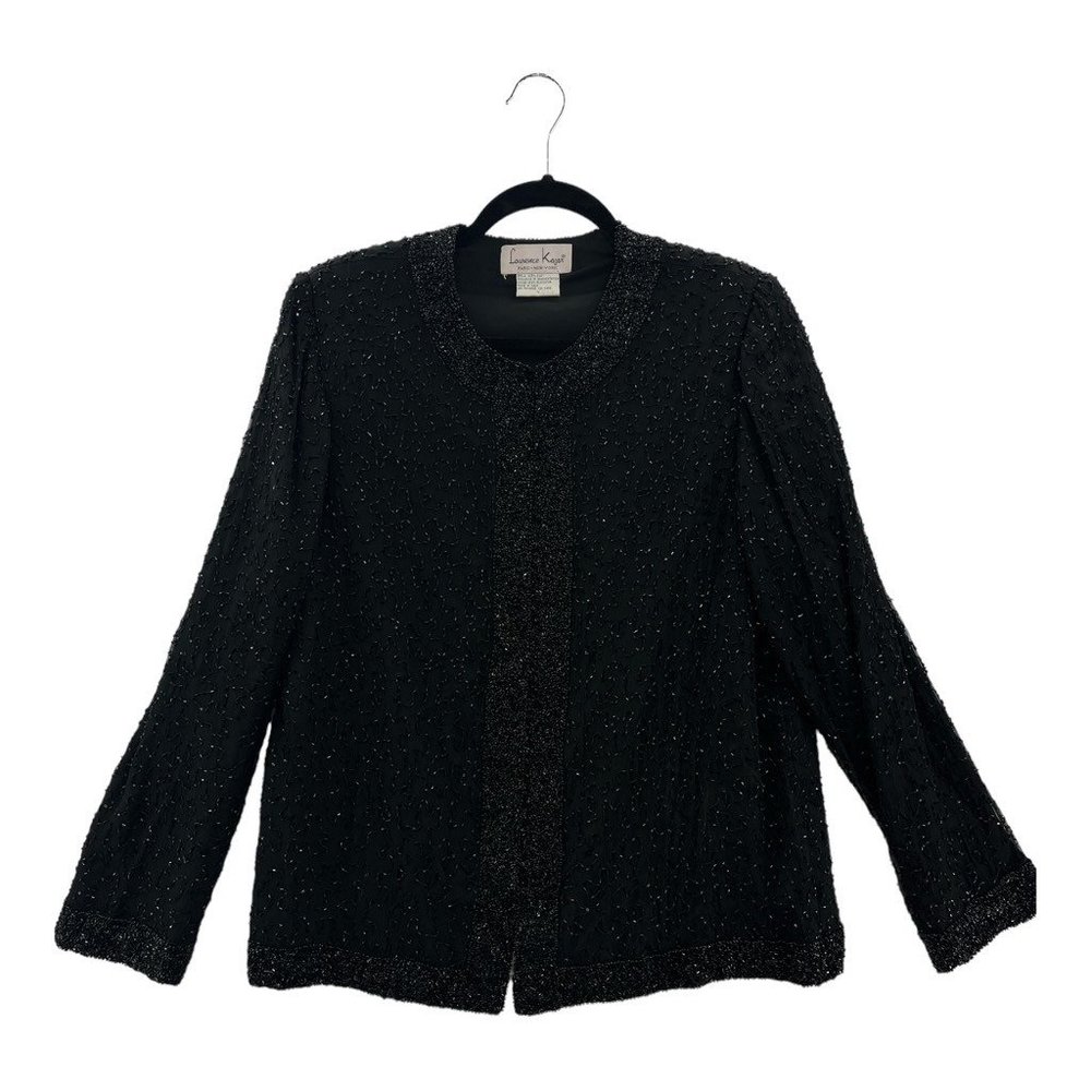 Laurence Kazar Womens Evening Jacket Black Hook & Eye Beaded Collarless Silk L